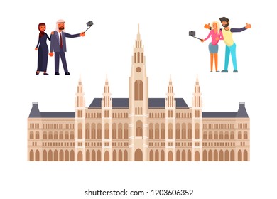 Healthy active lifestyle. Young and old people characters characters travel. Voyage around Europe and make a photo on city hall in Vienna view. Vector illustration eps 10