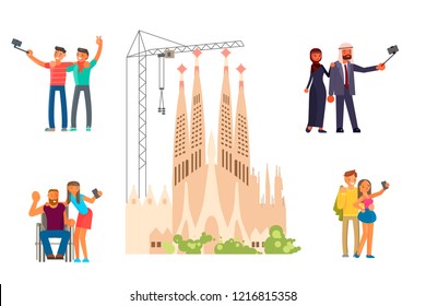 Healthy active lifestyle. Young and old people characters characters travel. Voyage around Europe and make a photo on Sagrada Familia view in Spain, Barcelona. Vector illustration eps 10