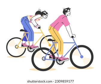 Healthy and active lifestyle. Young teenage characters hang out outside, riding a bikes together. Summer break activity, bicycle trip with friends. Flat vector illustration