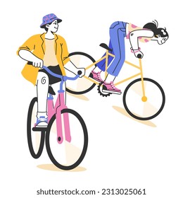 Estilo de vida saludable y activo. Los jóvenes personajes adolescentes salen afuera, montando una bicicleta juntos. Actividad de vacaciones de verano, viaje en bicicleta con amigos. Ilustración vectorial plana