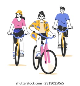 Healthy and active lifestyle. Young teenage characters hang out outside, riding a bikes together. Summer break activity, bicycle trip with friends. Flat vector illustration