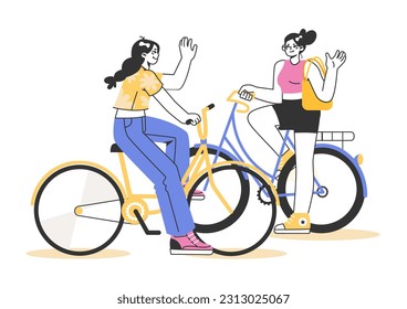 Healthy and active lifestyle. Young teenage characters hang out outside, riding a bikes together. Summer break activity, bicycle trip with friends. Flat vector illustration