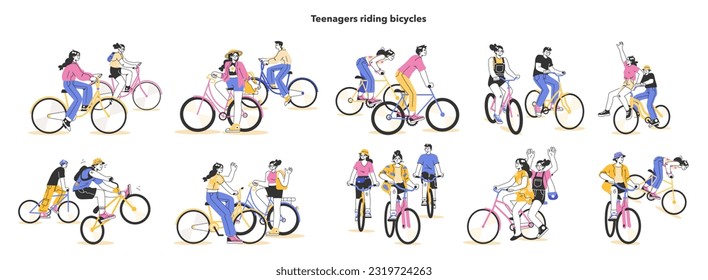 Healthy and active lifestyle. Young teenage characters hang out outside, riding a bikes together. Summer break activity, bicycle trip with friends. Flat vector illustration