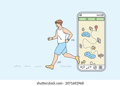 Healthy active man in sportswear run marathon track route on smartphone application. Sporty toned male athlete do sports use app on modern cellphone. Physical activity. Vector illustration. 