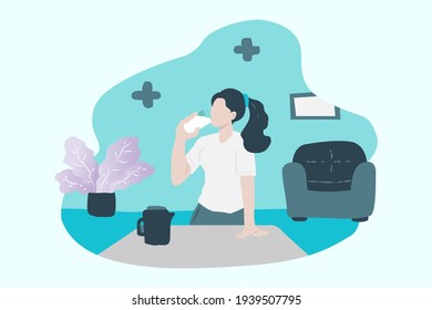 Healthy active Woman drinking a glass of water sketch illustration