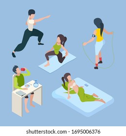 Healthy activities. Daily lifestyle successful peoples relaxing yoga healthy nutrition life habits vector isometric