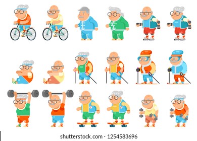 Healthy activities fitness granny grandfather adult old age man woman characters cartoon set flat design vector illustration