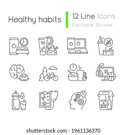Healthy activity linear icons set. Quit bad habit. Learn new skill. Regular health checkup. Drink water. Customizable thin line contour symbols. Isolated vector outline illustrations. Editable stroke