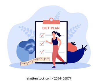 Healthy activity of woman with diet plan checklist on clipboard. Girl on jogging workout flat vector illustration. Weight loss, healthy lifestyle concept for banner, website design or landing web page