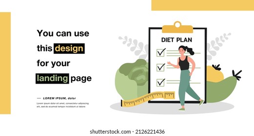 Healthy activity of woman with diet plan checklist on clipboard. Girl on jogging workout flat vector illustration. Weight loss, healthy lifestyle concept for banner, website design or landing web page