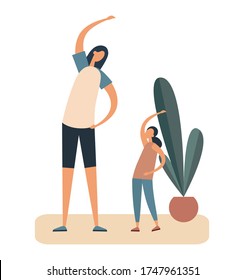 Healthy adult woman and little girl in sportswear doing warm up exercises near potted plant during daily morning training in cozy room at home