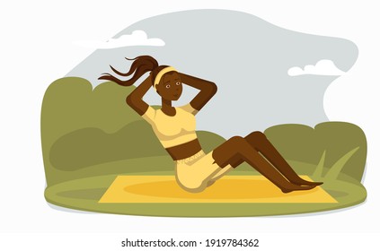 Healthy African American woman doing abdominal exercises on the floor. isolated vector. Sports that are held in the open air. Illustration about exercise without equipment. Healthy lifestyle and sport