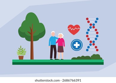 Healthy Aging and Longevity Concept with Senior Couple, Nature, DNA, and Medical Symbols 2d flat vector illustration