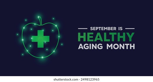 Healthy Aging Month. Apple, plus icon and lights. Suitable for cards, banners, posters, social media and more. Dark blue background.
