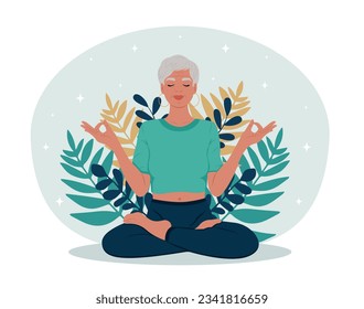 Mes de envejecimiento saludable. Mujer mayor con ojos cerrados meditando en la postura del loto de yoga.