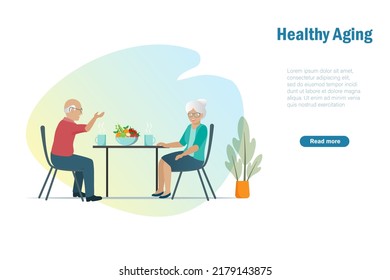 Healthy aging, senior care concept. Happy elderly couple drinking and talking at table. 