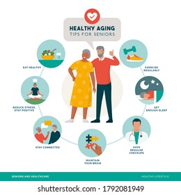 Healthy Aging And Senior Wellness Icons Set: Healthy Lifestyle, Brain Maintenance And Fitness For Elder People, Infographic With Happy Senior Couple Smiling