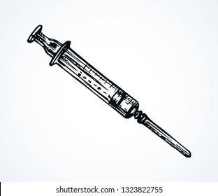 Healthy aid medic test analyze shot squirt tool on white background. doctor heal help web protect lab logo. Line black ink hand drawn dope remedy prick plastic injector device cartoon pictogram sketch