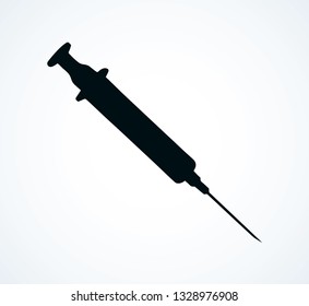 Healthy aid medic test analyze shot squirt tool on white background. doctor heal help web protect lab logo. Line black ink hand drawn dope remedy prick plastic injector device cartoon pictogram sketch