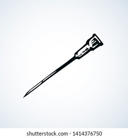 Healthy aid medic test analyze shot squirt tool on white background. doctor heal help web protect lab logo. Line black ink hand drawn dope remedy prick plastic injector device cartoon pictogram sketch
