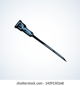 Healthy aid medic test analyze shot squirt tool on white background. doctor heal help web protect lab logo. Line black ink hand drawn dope remedy prick plastic injector device cartoon pictogram sketch