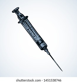 Healthy aid medic test analyze shot squirt tool on white background. Doctor heal help web protect lab logo. Line black hand drawn sterile nurse remedy prick plastic injector cartoon pictogram sketch