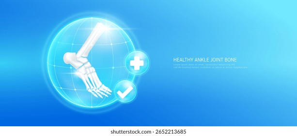 Osso saudável do tornozelo dentro da cúpula de bolha transparente com marca de verificação e sinal de mais no fundo azul. Anatomia forte da articulação da cartilagem do pé. Conceito de assistência médica. Vetor 3D EPS10.