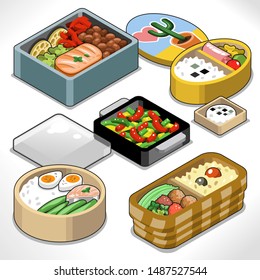 Healthy asian food in bento boxes like fish, egg, meatballs, bell pepper, 

rice and loto slices (illustration in isometric view)