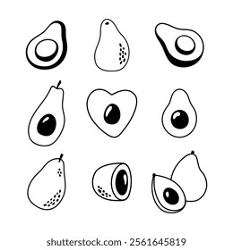 Healthy avocado doodle elements. Hand drawn whole and halves avocado, leaves, seed fruit