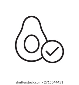 Icono de aguacate saludable con marca de verificación en blanco y negro para conceptos de dieta y nutrición