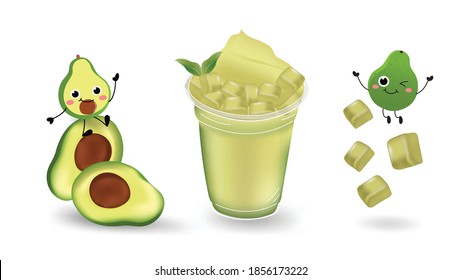 Healthy Avocado Smoothie in the plastic cups Vector.  The smoothie juice healthy beverage with cute fruit monster. Vector illustration.