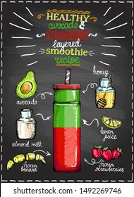 Healthy avocado strawberry layered smoothie recipe on a chalkboard with ingredients, fruits and berries cocktail sketch, hand drawn graphic illustration