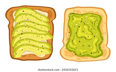 Healthy avocado toast. Bread topped with avocado and sesame seeds, nutritious breakfast meal vector illustration. Homemade vegetarian snack, sandwich for morning or branch isolated on white