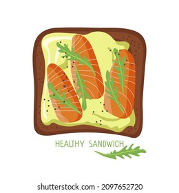 Healthy Avocado Toast. Open Toast with avocado paste, smoked salmon, arugula. Top view flat Vector for menu, cafe, poster, advertisement. Delicious snack for gourmets. Healthy breakfast.