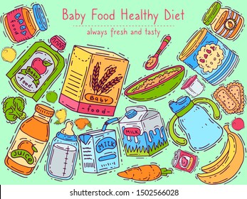 Healthy baby diet banner vector illustration. First meal for babies. Baby puree jars, sippy cups, drink bottles and boxes with porridge.