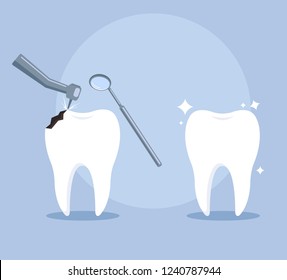 Healthy and bad teeth treatment. Somatology dentist concept. Vector flat cartoon design graphic illustration icon