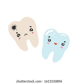 Healthy and bad tooth with caries. Vector color illustration in cartoon style. Dental drawing.