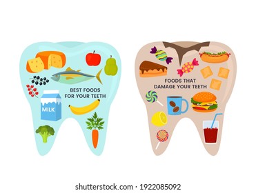 healthy and bad tooth. good and bad food. fish, vegetables, fruits, milk or hot dog, hamburger, candy, cakes, soda and coffee. vector illustration