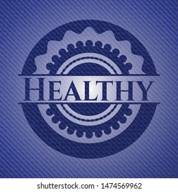 Healthy badge with denim texture. Vector Illustration. Detailed.