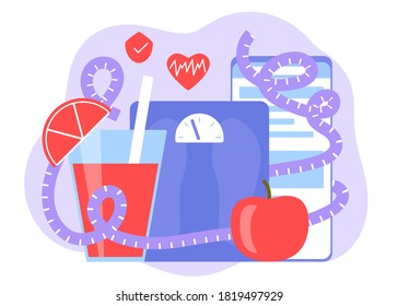 Healthy balanced diet monitoring plan. Mobile application for calorie and weight control. Healthy nutrition. Equipment scales, tape measure and food for weight loss. Vector flat illustration