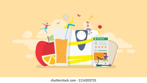 Healthy Balanced Diet Program Monitoring Mobile App Tiny People Character Concept Vector Illustration, Suitable For Wallpaper, Banner, Background, Card, Book Illustration, And Web Landing Page Concept
