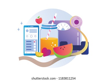 Healthy Balanced Diet Program Monitoring Mobile App Gradient Concept Vector Illustration Suitable Wallpaper, Banner, Background, Card, Book Illustration, And Web Landing Page Concept