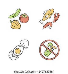 Healthy balanced eating color icons set. High vitamin and omega 3 food. Shrimp and crab claw seafood. No soft drinks sign. Egg, vegetables and fish ingredients isolated vector illustrations