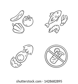 Healthy balanced eating linear icons set. High vitamin and omega 3 food. Seafood thin line contour symbols. Egg, vegetables, fish isolated vector outline illustrations. Editable stroke