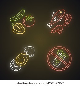 Healthy balanced eating neon light icons set. High vitamin and omega 3 food. Glowing signs. Shrimp and crab claw seafood. No soft drinks sign. Egg, vegetables, fish vector isolated illustrations