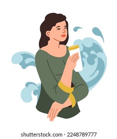 Healthy and balanced lifestyle, isolated female character drinking water and staying hydrated. Following dieting and nourishment. Woman with cup of pure liquid or beverage. Vector in flat style