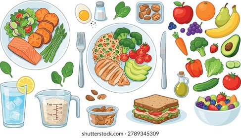 Healthy Balanced Meal Planning Bundle With Fresh Foods Fruits Vegetables Sandwich and Salad Flat Vector Illustration