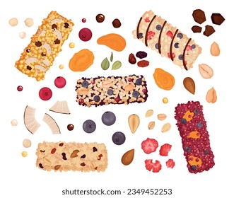 Nueces de grano de barras sanas con semillas aisladas y barras de proteína enteras en ilustración vectorial de fondo en blanco