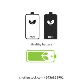 Healthy battery icon in outlined, filled and green leaf version