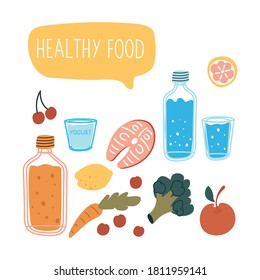 Healthy and beautiful foods for a healthy lifestyle. The concept of health care. Cute modern food vector illustration